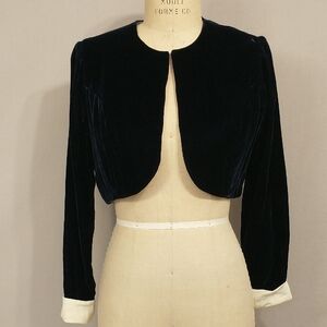 Navy Blue Velvet Bolero Crop Jacket White Cuffs Vintage Silky Classic